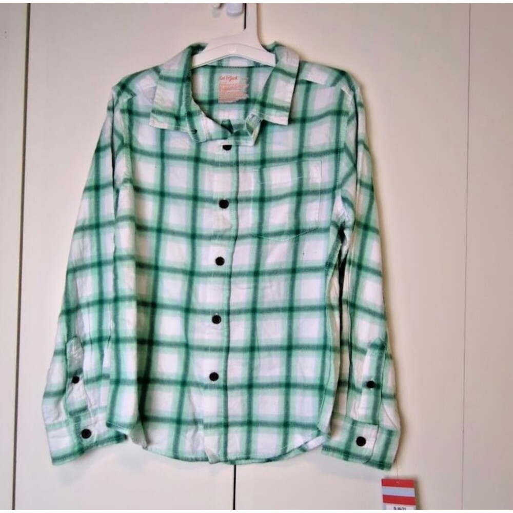 Cat and Jack Small 6/7 Long Sleeve Checkered Print Boy's Shirt NWT Green
